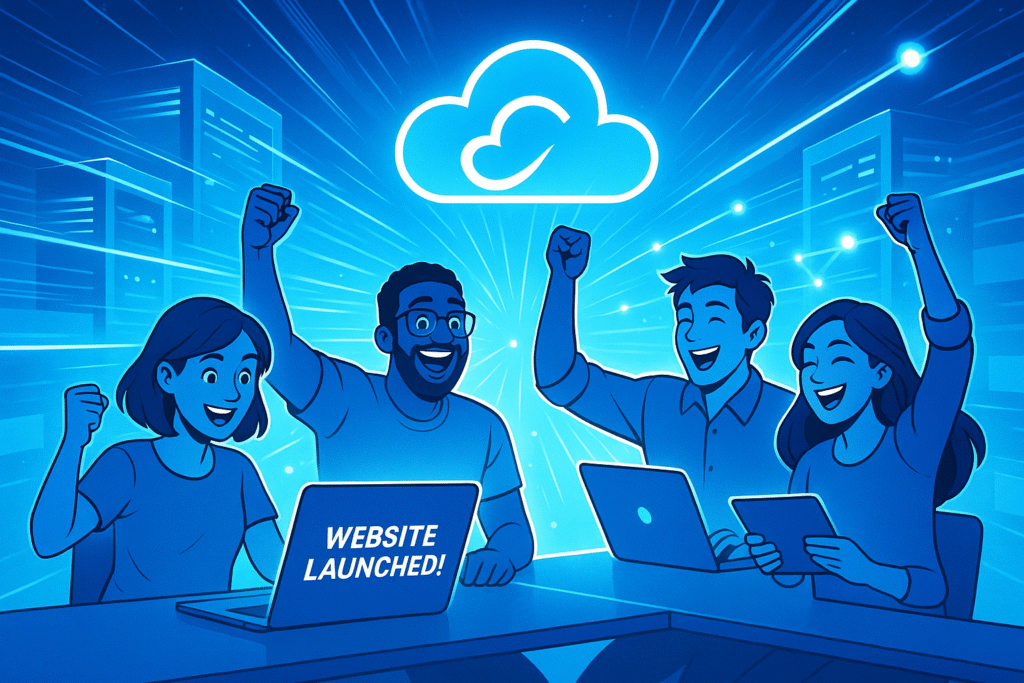 startup team launching website using Cloudoora hosting for startup