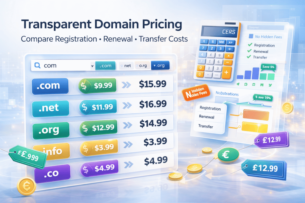 Domain price comparison showing registration, renewal, and transfer costs for popular TLDs