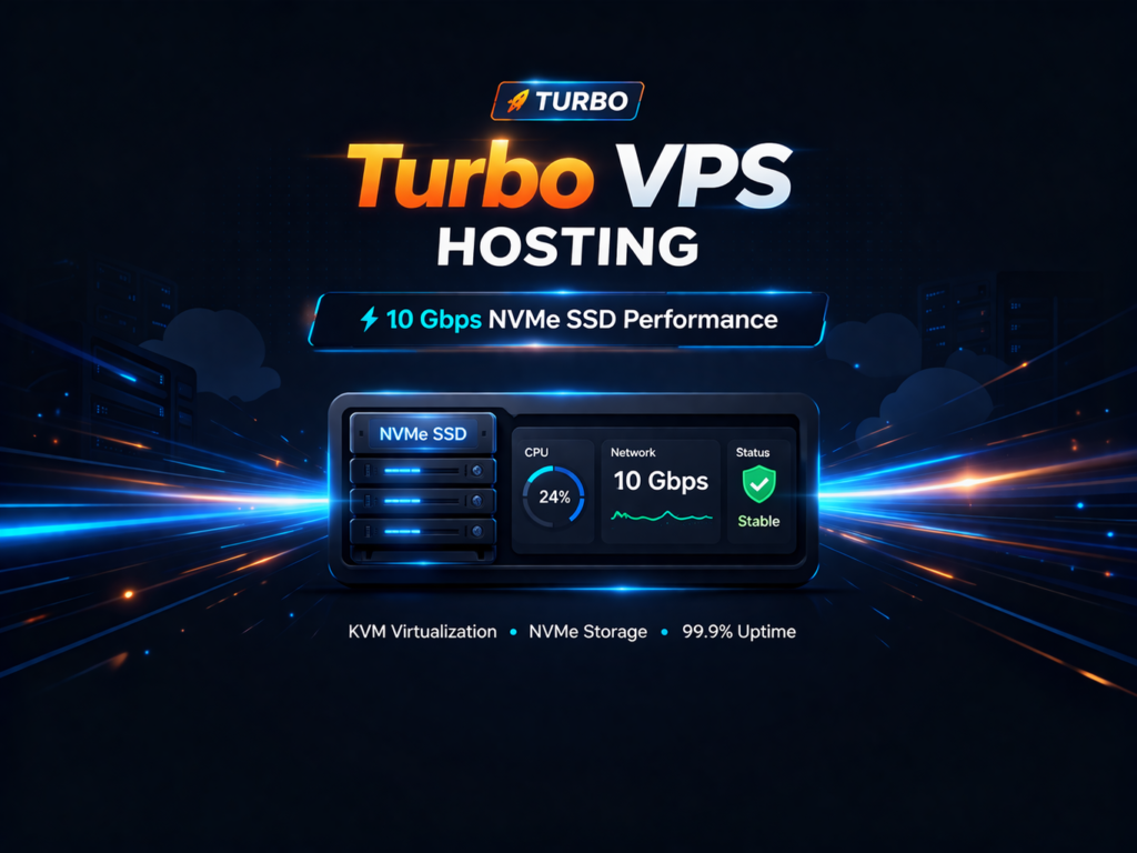 Turbo VPS hosting with 10 Gbps network and NVMe SSD storage showing high performance server dashboard and fast infrastructure
